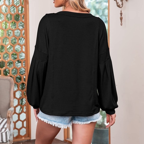 🆕 Phortric Black Lantern Sleeve Deep-V Off the Shoulder Oversized Knit Top - Picture 4 of 6